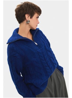 JUNE June Women High Collar Zipper Detailed Hair Braid Patterned Knitwear Sweater Saxe  - Image 2