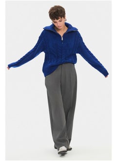 JUNE June Women High Collar Zipper Detailed Hair Braid Patterned Knitwear Sweater Saxe  - Image 1