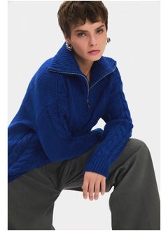 JUNE June Women High Collar Zipper Detailed Hair Braid Patterned Knitwear Sweater Saxe  - Image 3