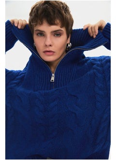 JUNE June Women High Collar Zipper Detailed Hair Braid Patterned Knitwear Sweater Saxe  - Image 4