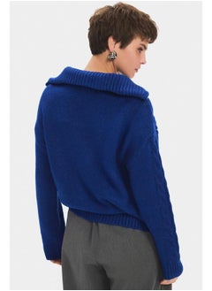 JUNE June Women High Collar Zipper Detailed Hair Braid Patterned Knitwear Sweater Saxe  - Image 5