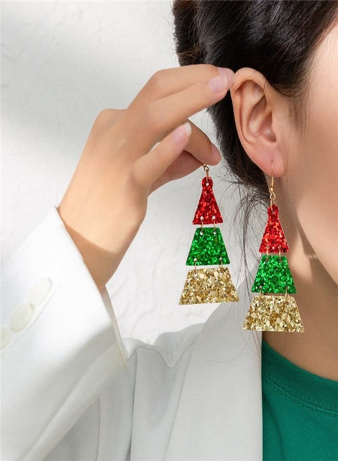 أقراط متدلية من الجلد الصناعي بتصميم عيد الميلاد للنساء، مزينة برسومات بابا نويل وشجرة عيد الميلاد وشارب، مصنوعة من طبقات متعددة من الجلد بنقشة مربعات، مزينة بالترتر، بتصميم لامع (النمط B). - Image 2