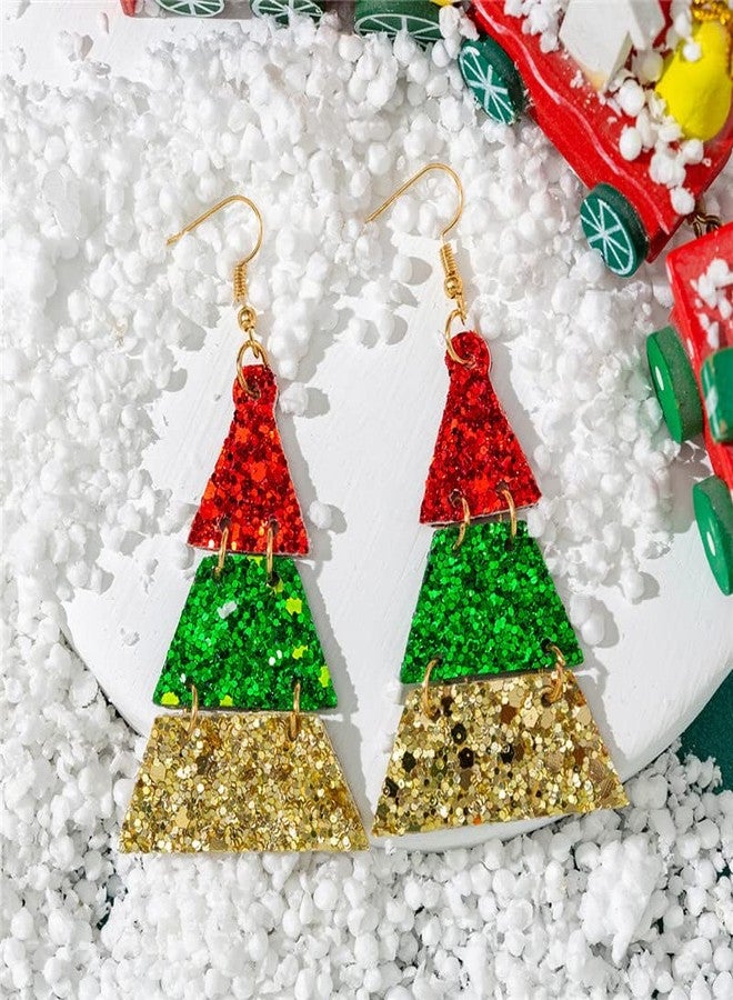 أقراط متدلية من الجلد الصناعي بتصميم عيد الميلاد للنساء، مزينة برسومات بابا نويل وشجرة عيد الميلاد وشارب، مصنوعة من طبقات متعددة من الجلد بنقشة مربعات، مزينة بالترتر، بتصميم لامع (النمط B). - Image 3