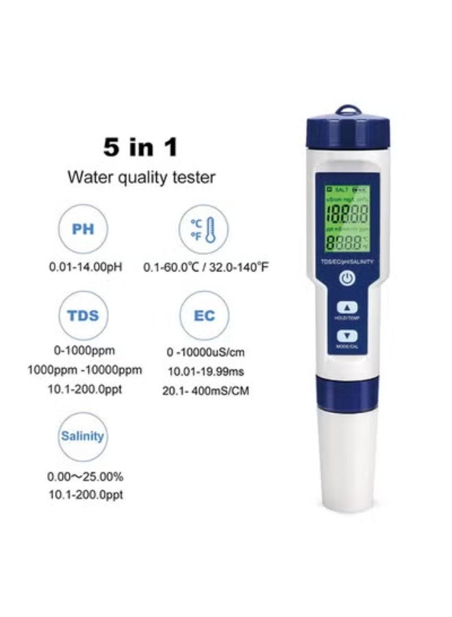 Digital PH Meter, 5 in 1 Water Quality Tester with Backlight, PH/TDS/EC/Salinity/Temp Meter with ATC, 0.01 Resolution High Accuracy Pen Type Tester, for Aquarium, Spas, Drinking Water - Image 2