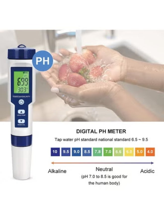 Digital PH Meter, 5 in 1 Water Quality Tester with Backlight, PH/TDS/EC/Salinity/Temp Meter with ATC, 0.01 Resolution High Accuracy Pen Type Tester, for Aquarium, Spas, Drinking Water - Image 3