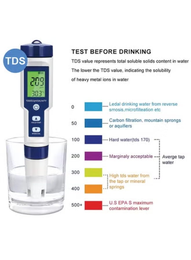 Digital PH Meter, 5 in 1 Water Quality Tester with Backlight, PH/TDS/EC/Salinity/Temp Meter with ATC, 0.01 Resolution High Accuracy Pen Type Tester, for Aquarium, Spas, Drinking Water - Image 4