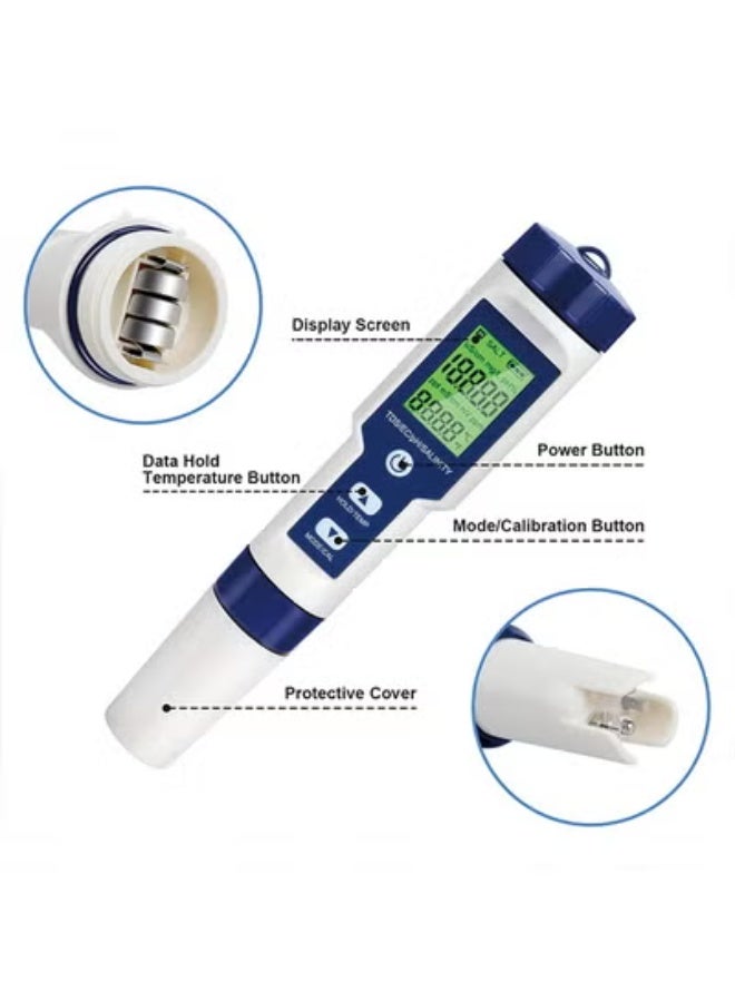 Digital PH Meter, 5 in 1 Water Quality Tester with Backlight, PH/TDS/EC/Salinity/Temp Meter with ATC, 0.01 Resolution High Accuracy Pen Type Tester, for Aquarium, Spas, Drinking Water - Image 5