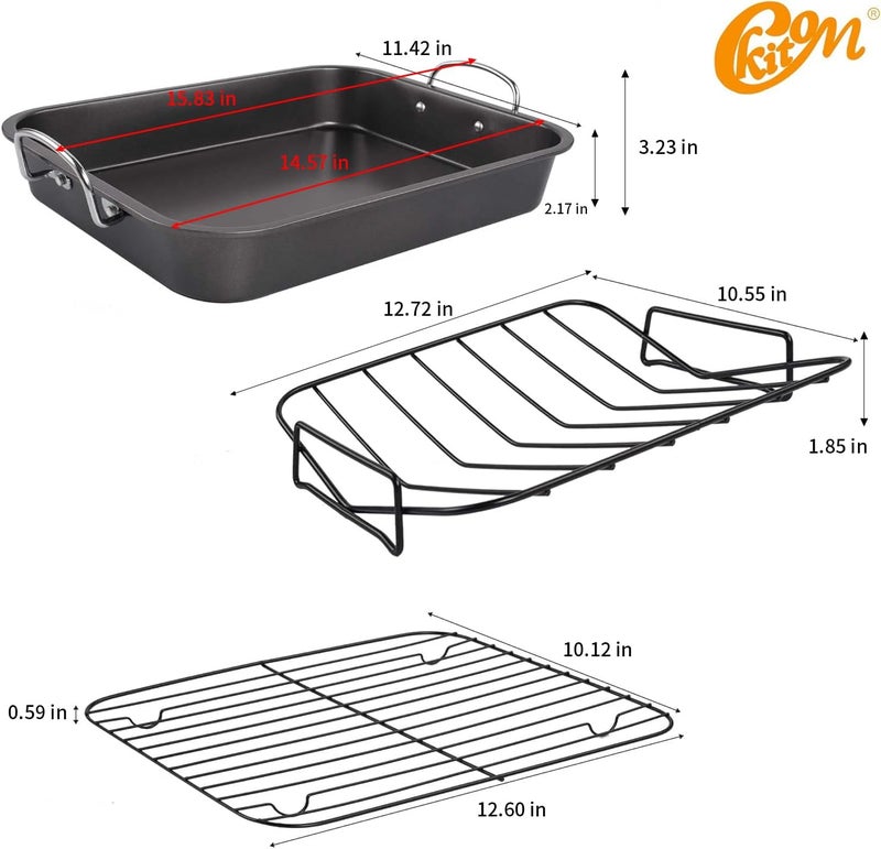 kitCom Nonstick Roasting Pan, Roaster with Rack - 16 Inch Rectangular Grill Suitable for Turkey, Roast Chicken, Ham, Dishwasher Safe (9.5QT) - Image 2