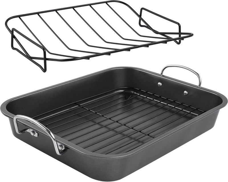 kitCom Nonstick Roasting Pan, Roaster with Rack - 16 Inch Rectangular Grill Suitable for Turkey, Roast Chicken, Ham, Dishwasher Safe (9.5QT) - Image 1