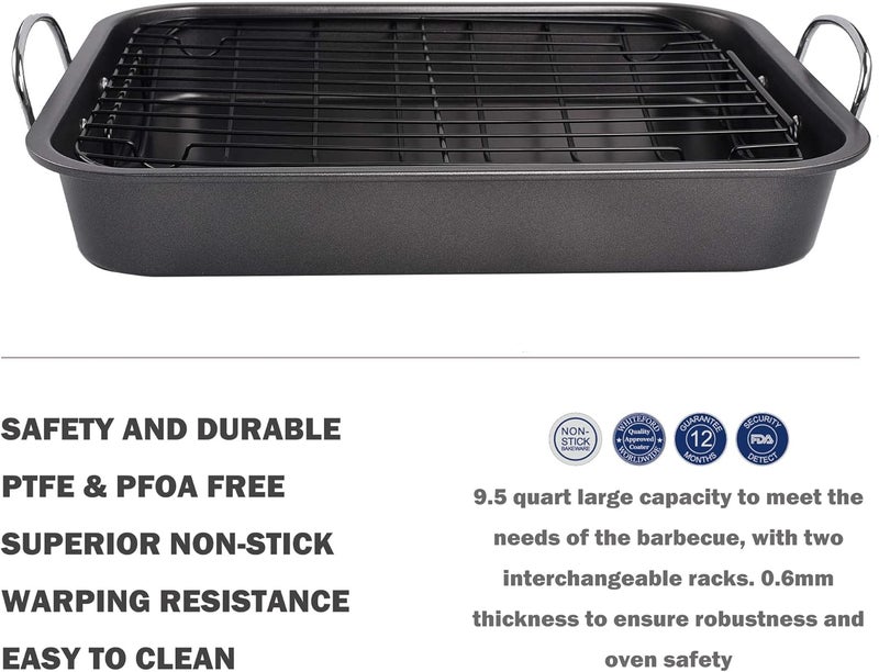 kitCom Nonstick Roasting Pan, Roaster with Rack - 16 Inch Rectangular Grill Suitable for Turkey, Roast Chicken, Ham, Dishwasher Safe (9.5QT) - Image 5