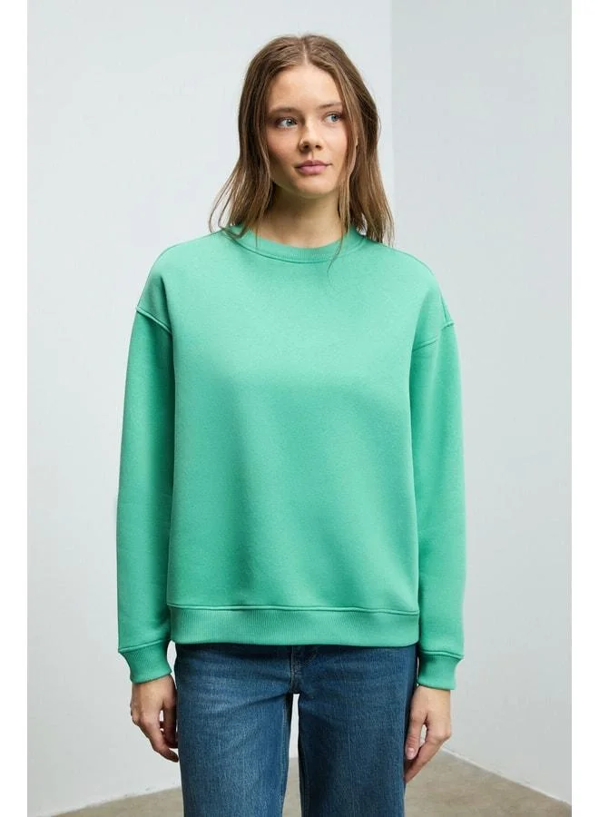 GRIMELANGE SUSANA Women's Bike Neck Fleece-Lined Oversize Fit Basic Mint Green Sweatshirt.