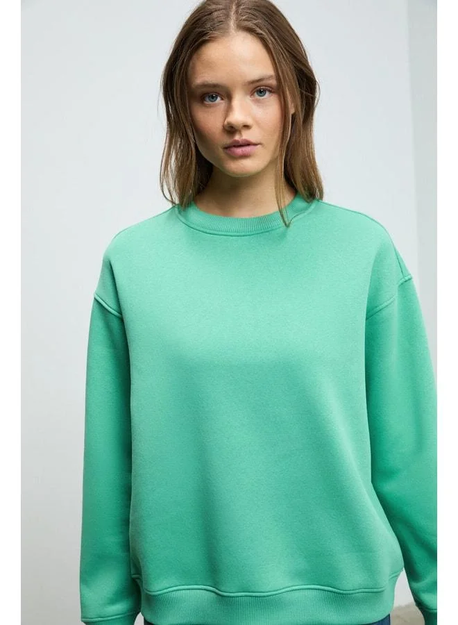 GRIMELANGE SUSANA Women's Bike Neck Fleece-Lined Oversize Fit Basic Mint Green Sweatshirt.