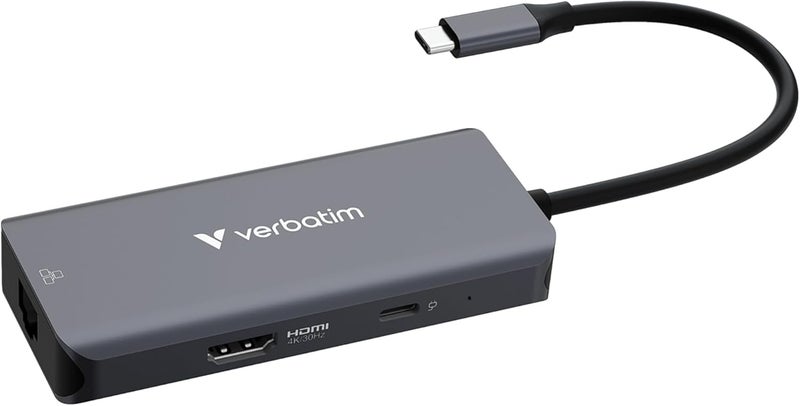 VERBATIM USB-C Essentials Multiport Hub– 6 Ports: (3) USB-A 3.0/3.2 Gen 1, (1) USB-C 3.0/3.2 Gen 1, RJ45 Ethernet, 4K HDMI and Up to 100W Power Delivery - Image 1