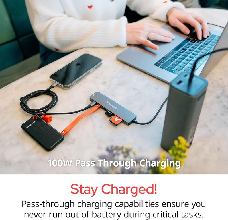 VERBATIM USB-C Essentials Multiport Hub– 6 Ports: (3) USB-A 3.0/3.2 Gen 1, (1) USB-C 3.0/3.2 Gen 1, RJ45 Ethernet, 4K HDMI and Up to 100W Power Delivery - Image 4