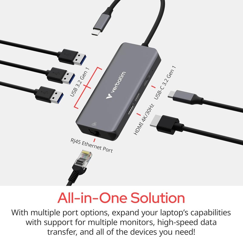 VERBATIM USB-C Essentials Multiport Hub– 6 Ports: (3) USB-A 3.0/3.2 Gen 1, (1) USB-C 3.0/3.2 Gen 1, RJ45 Ethernet, 4K HDMI and Up to 100W Power Delivery - Image 5