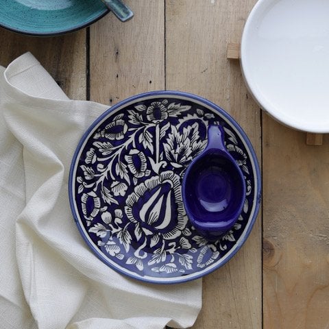 miah decor Handcrafted Ceramic Platter with Attached Bowl, Intricate Mughal Design: Blue and White Color, Microwave/Freezer/Dishware Safe 9MDCF-43 - Image 1