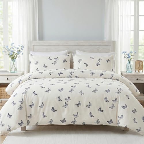 Cozaline Butterfly Duvet Cover Set Queen Size 100% Cotton Duvet Cover 3 Pcs Cute Butterfly Printed Comforter Cover with Zipper Closure Soft and Lightweight Cotton Duvet Cover - Image 3