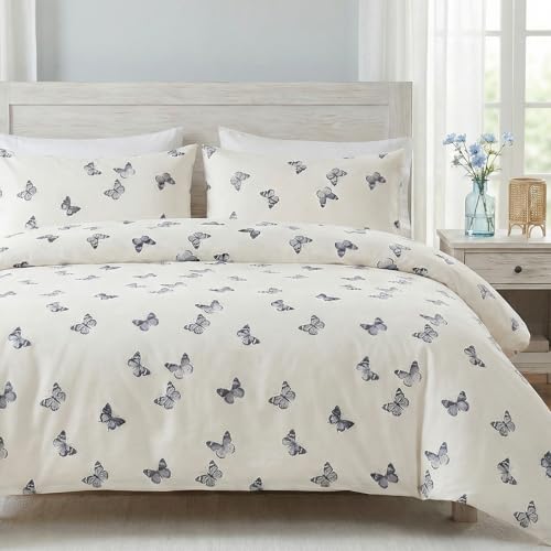 Cozaline Butterfly Duvet Cover Set Queen Size 100% Cotton Duvet Cover 3 Pcs Cute Butterfly Printed Comforter Cover with Zipper Closure Soft and Lightweight Cotton Duvet Cover - Image 1