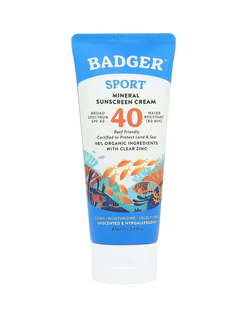 بادجير كريم واقي من الشمس معدني من Badger, Sport، بعامل حماية من الشمس 40، بدون رائحة، 2.9 أونصة سائلة (87 مل) - Image 1