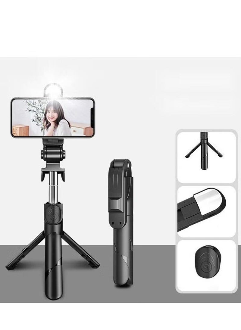 Mobile phone tripod, selfie stick, retractable selfie stick tripod with light, with wireless remote control and tripod bracket, portable, lightweight, compatible with iPhone, Samsung, Huawei smartphones, etc.