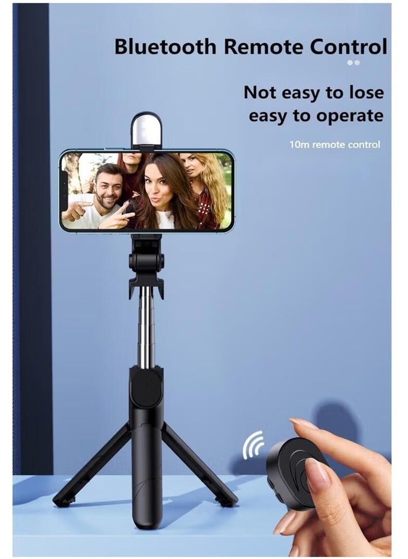 Mobile phone tripod, selfie stick, retractable selfie stick tripod with light, with wireless remote control and tripod bracket, portable, lightweight, compatible with iPhone, Samsung, Huawei smartphones, etc.
