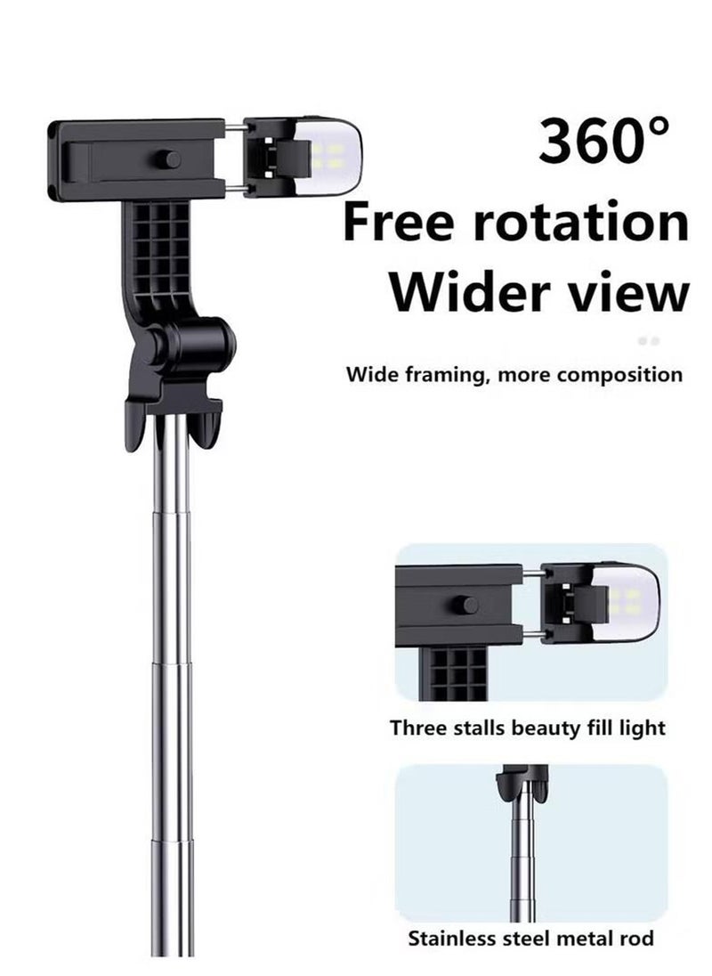 Mobile phone tripod, selfie stick, retractable selfie stick tripod with light, with wireless remote control and tripod bracket, portable, lightweight, compatible with iPhone, Samsung, Huawei smartphones, etc.