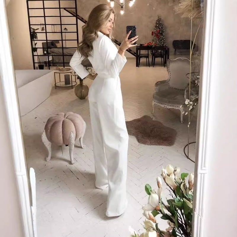 High-end white jumpsuit fashion French high-end wide-leg jumpsuit popular slim long-sleeved women - Image 4