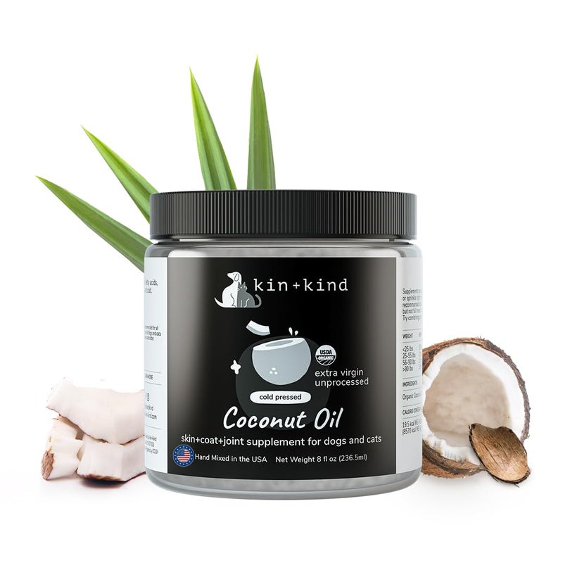 Kin+Kind Organic Coconut Oil Pet Supplement for Dogs and Cats - Safe, Natural Skin and Coat Support with Cold Pressed Extra Virgin Coconut Oil - Itchy Skin, Dry Cracked Noses & Dry Skin Treatment - Made in USA - Image 1