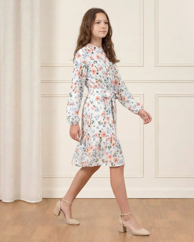 Redtag Senior Girls Peach Floral Allover Print Dress