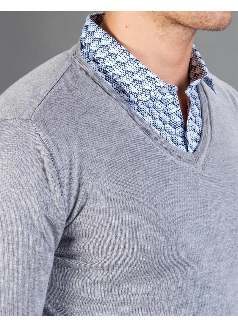 تودورس V-Neck Gray Basic Cotton Men's Sweater