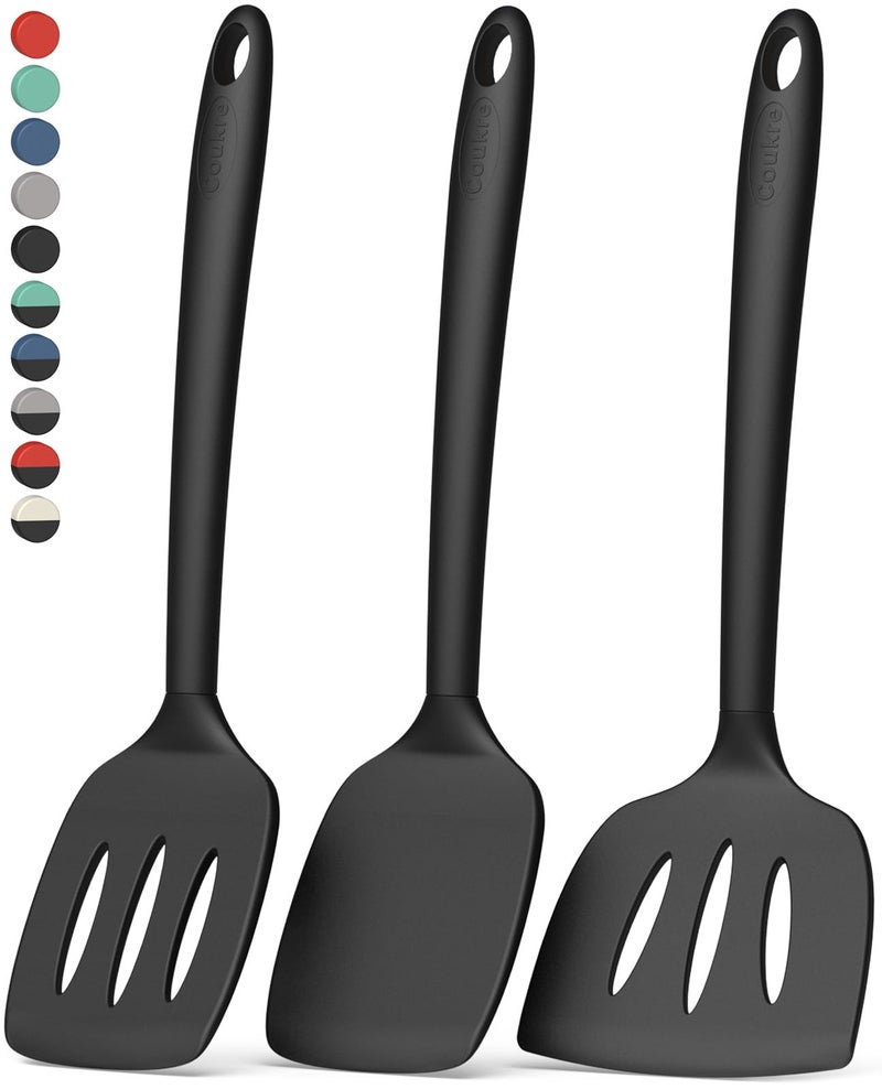 Coukre 3 Pack Silicone Spatula Set, High Heat Resistant, BPA-Free, Fish Spatula, Solid & Slotted Turner for Non-Stick Pans, Flipping Eggs, Pancakes, Fish, Burgers (3, PureBlack) - Image 1