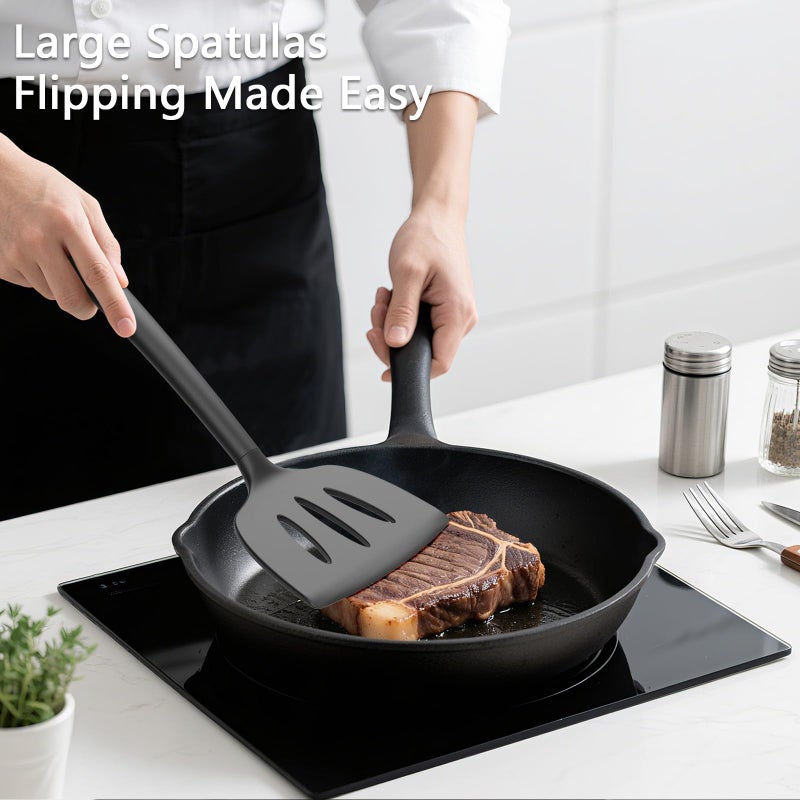 Coukre 3 Pack Silicone Spatula Set, High Heat Resistant, BPA-Free, Fish Spatula, Solid & Slotted Turner for Non-Stick Pans, Flipping Eggs, Pancakes, Fish, Burgers (3, PureBlack) - Image 3