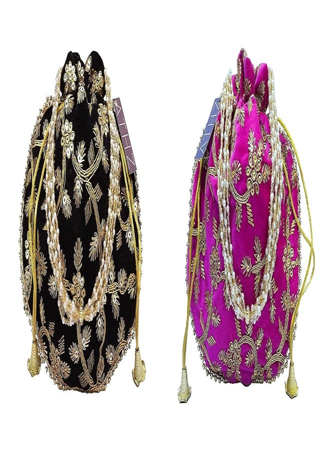 ATHZ Potli Bag Velvet Golden Work Wedding potli for Ladies Gift for Women Handbags Traditional Indian Wristlet with Drawstring Ethnic Embroidery Women Fashion Potli (Black, Pink) - Image 1