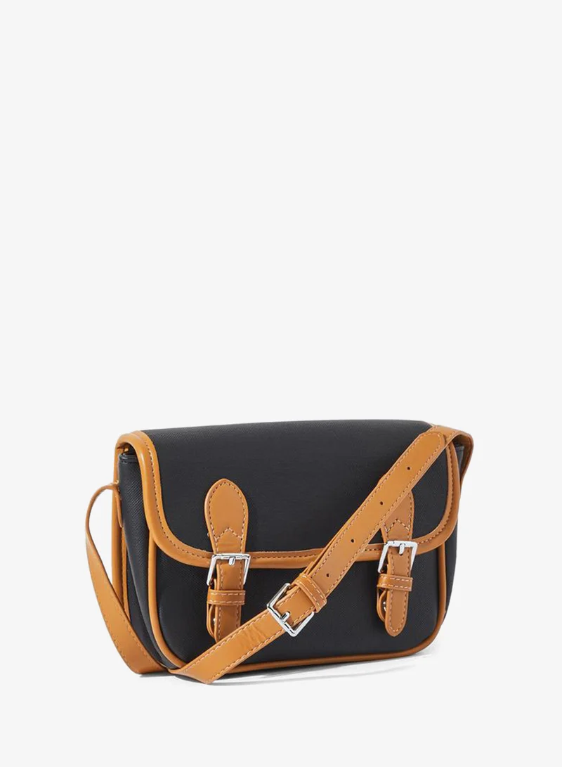Black Contrast Trim Flap Crossbody Bag