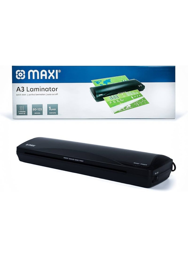 MAXI A3 Laminator Machine 80-125 Micron Hot Laminating Machine for Documents, Photos, Certificates & ID Cards - Black - Image 1