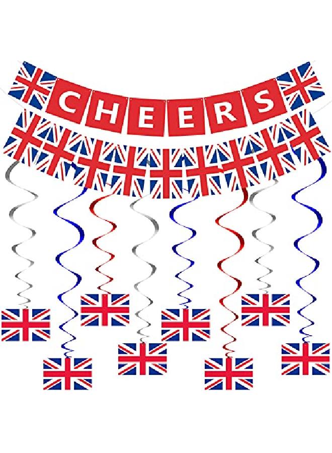 Chinco 14 قطعة زينة حفلات بريطانية زينة علم بريطانيا معلقة تشمل لافتة تهنئة بريطانية لافتة علم المملكة المتحدة ورايات معلقة علم بريطانيا ودوامات معلقة علم المملكة المتحدة - Image 1