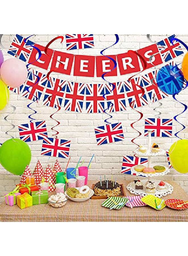 Chinco 14 قطعة زينة حفلات بريطانية زينة علم بريطانيا معلقة تشمل لافتة تهنئة بريطانية لافتة علم المملكة المتحدة ورايات معلقة علم بريطانيا ودوامات معلقة علم المملكة المتحدة - Image 5