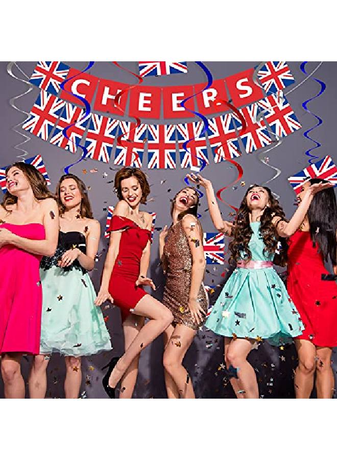 Chinco 14 قطعة زينة حفلات بريطانية زينة علم بريطانيا معلقة تشمل لافتة تهنئة بريطانية لافتة علم المملكة المتحدة ورايات معلقة علم بريطانيا ودوامات معلقة علم المملكة المتحدة - Image 4