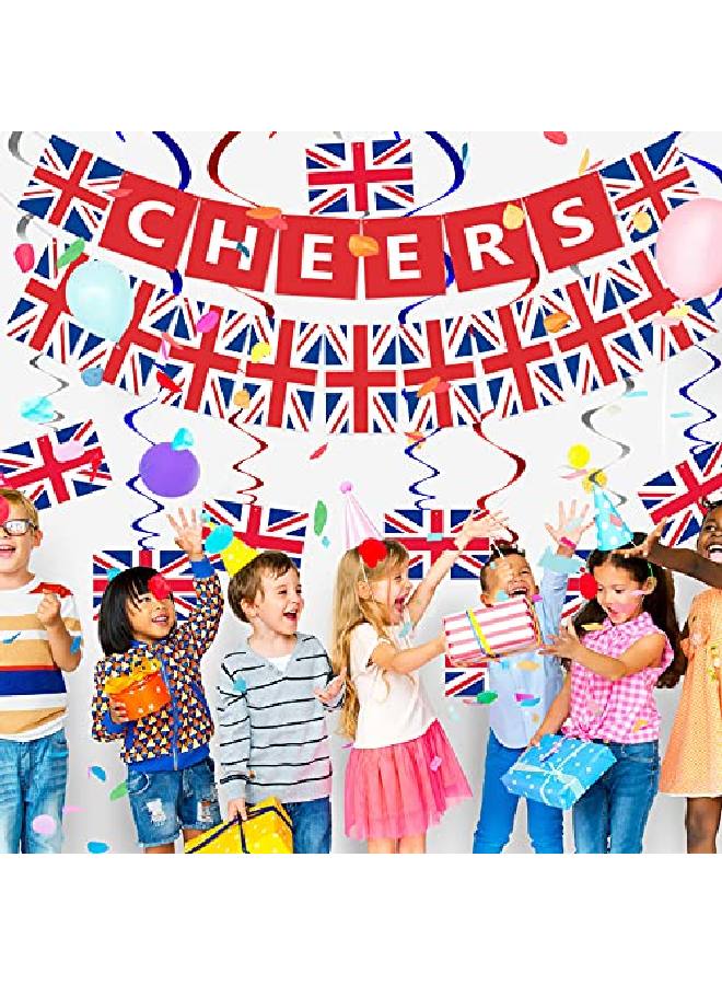 Chinco 14 قطعة زينة حفلات بريطانية زينة علم بريطانيا معلقة تشمل لافتة تهنئة بريطانية لافتة علم المملكة المتحدة ورايات معلقة علم بريطانيا ودوامات معلقة علم المملكة المتحدة - Image 3