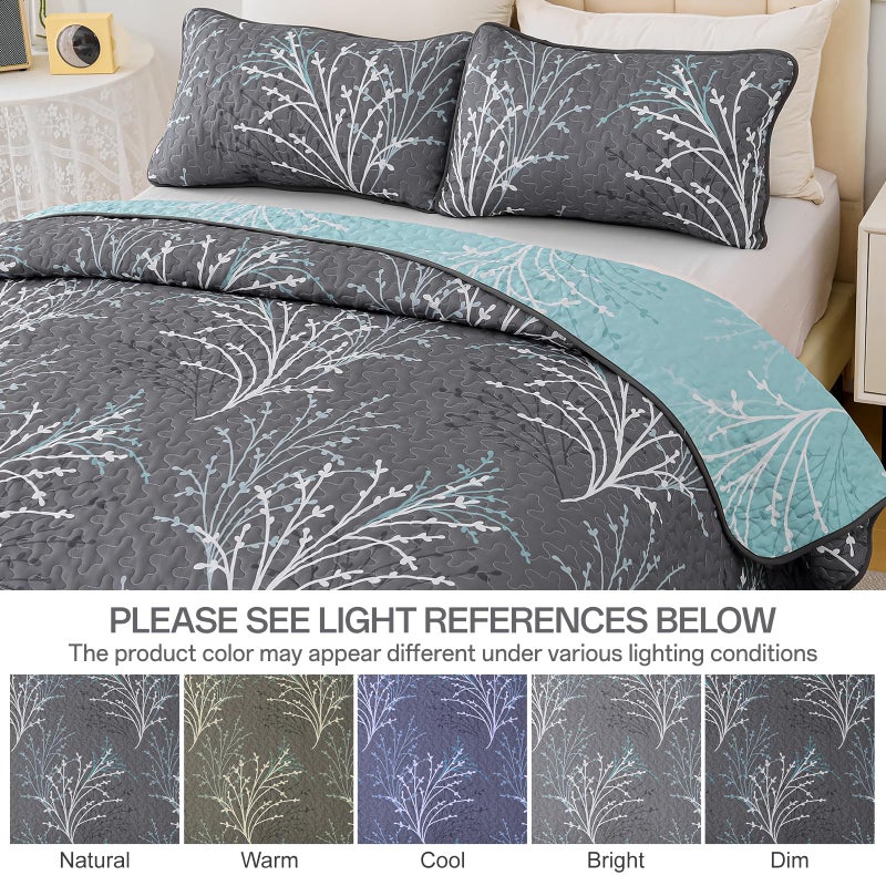 DJY Queen Size Quilt Set Grey Blue Reversible Bedspread Bedding Set, 3 Piece Branch Floral Lightweight Microfiber Coverlet with Pillowcases Gray Botanical Quilted Bedding Set for All Season (96''x90'') - Image 5