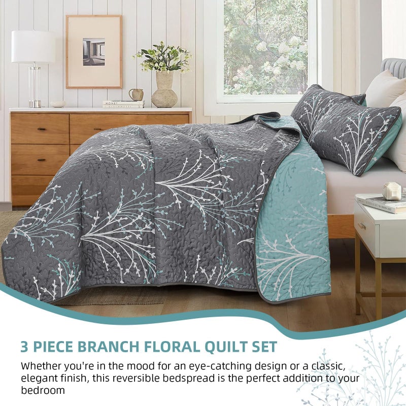 DJY Queen Size Quilt Set Grey Blue Reversible Bedspread Bedding Set, 3 Piece Branch Floral Lightweight Microfiber Coverlet with Pillowcases Gray Botanical Quilted Bedding Set for All Season (96''x90'') - Image 3