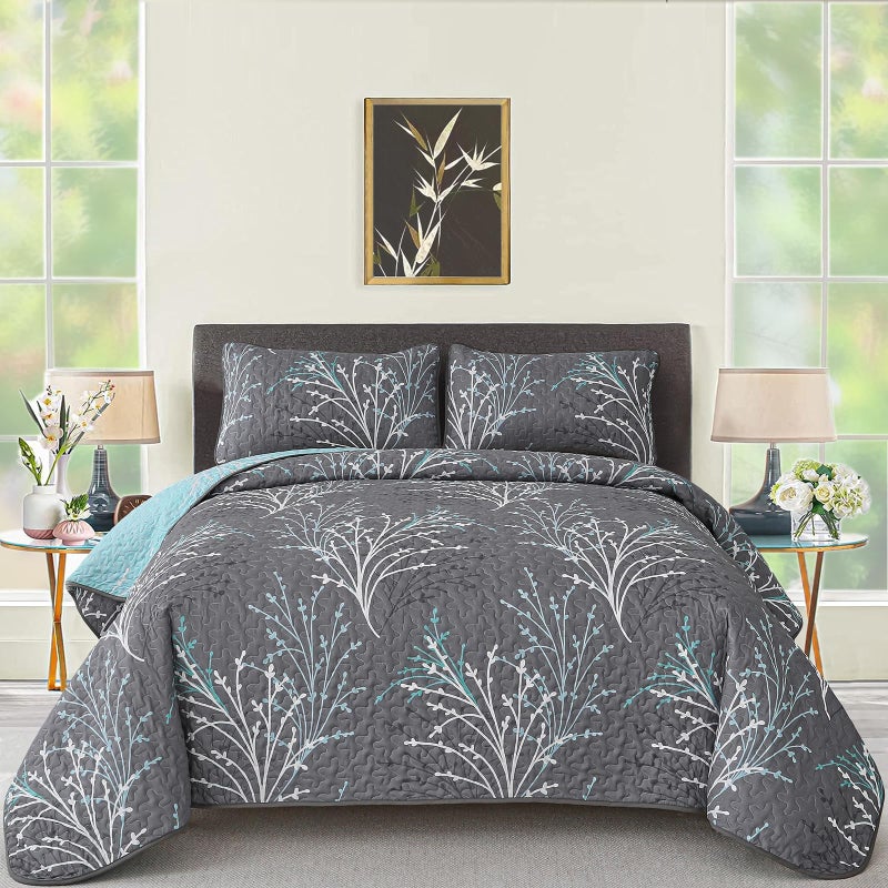 DJY Queen Size Quilt Set Grey Blue Reversible Bedspread Bedding Set, 3 Piece Branch Floral Lightweight Microfiber Coverlet with Pillowcases Gray Botanical Quilted Bedding Set for All Season (96''x90'') - Image 1