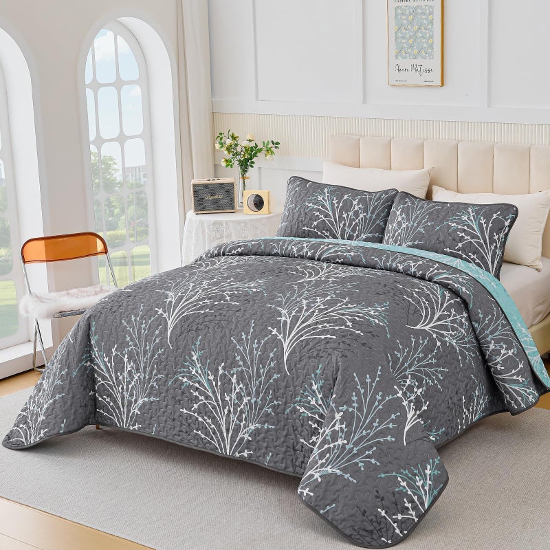 DJY Queen Size Quilt Set Grey Blue Reversible Bedspread Bedding Set, 3 Piece Branch Floral Lightweight Microfiber Coverlet with Pillowcases Gray Botanical Quilted Bedding Set for All Season (96''x90'') - Image 2