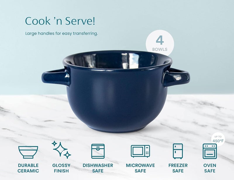 KooK French Onion Soup Bowls Crocks Oven Safe Bowls Soup Mugs Ceramic Bowls Dishwasher Microwave Set of 4 18 oz Blue - Image 5