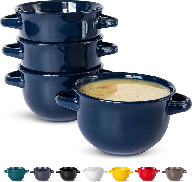 KooK French Onion Soup Bowls Crocks Oven Safe Bowls Soup Mugs Ceramic Bowls Dishwasher Microwave Set of 4 18 oz Blue - Image 1