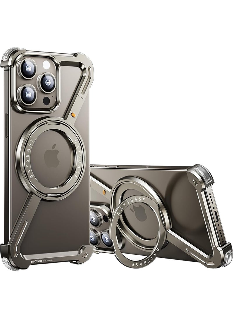 أوتس باسف جراب OATSBASF الفضي لهاتف iPhone 16 Pro Max مع مسند قابل للدوران 360 درجة | جراب معدني من الألومنيوم بدون إطار | غطاء واقٍ مقاوم للصدمات - Image 1