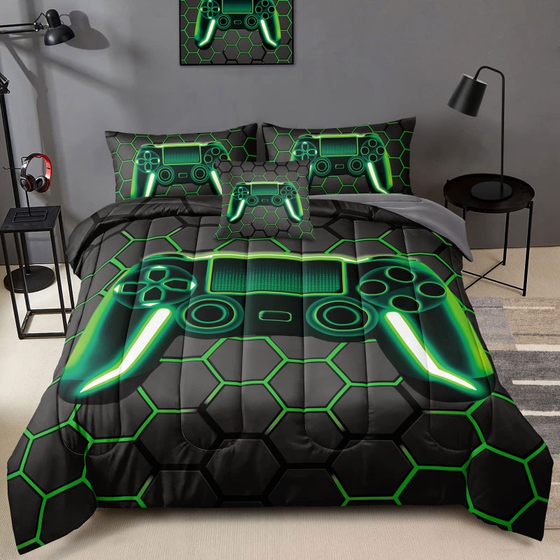 BDUCOK 6 Piece Gamer Comforter Sets Bed in A Bag for Boys Teen KidsHoneycomb Gaming Bedding Sets Gamepad Comforter Microfiber Bed Set for All Season Gamer Home DecorGreen 6 Piece Sets30021Queen