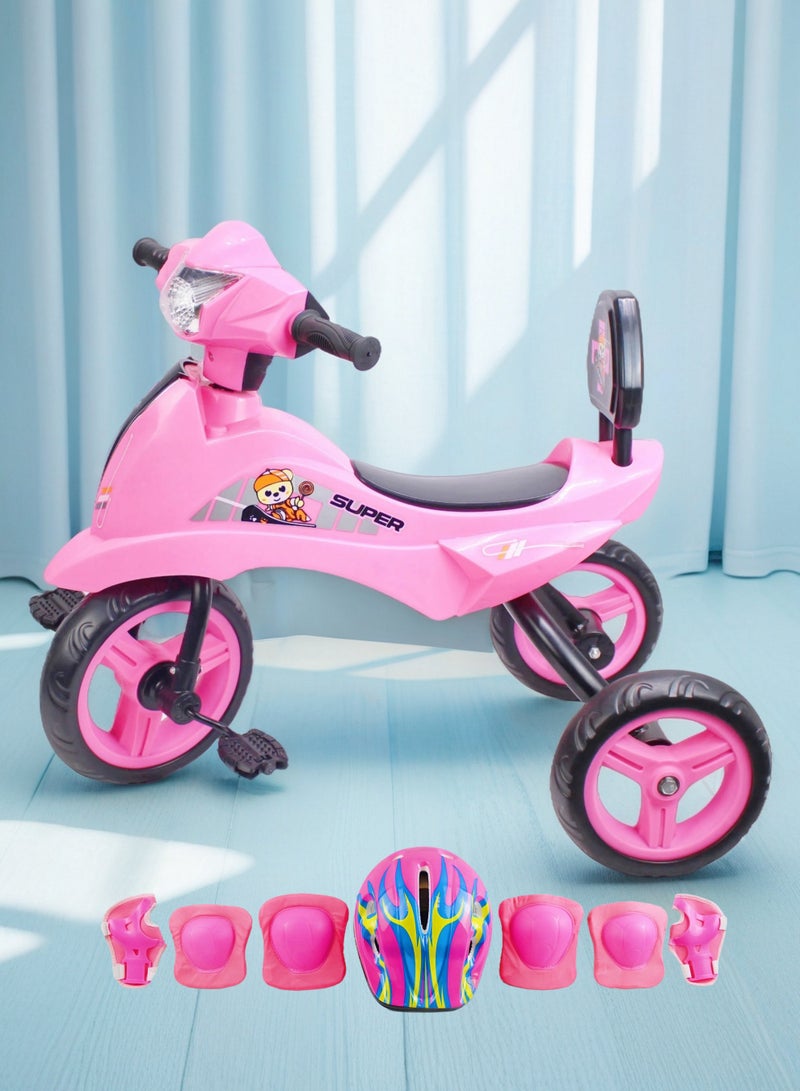 إيزي فيتشور دراجة ثلاثية العجلات للأطفال من EASY FUTURE، دراجة ثلاثية العجلات للأطفال مزودة بإضاءة وموسيقى (يمكن اختيار اللون الأزرق والأحمر والوردي) تتضمن العبوة مجموعة كاملة من معدات الحماية - Image 1