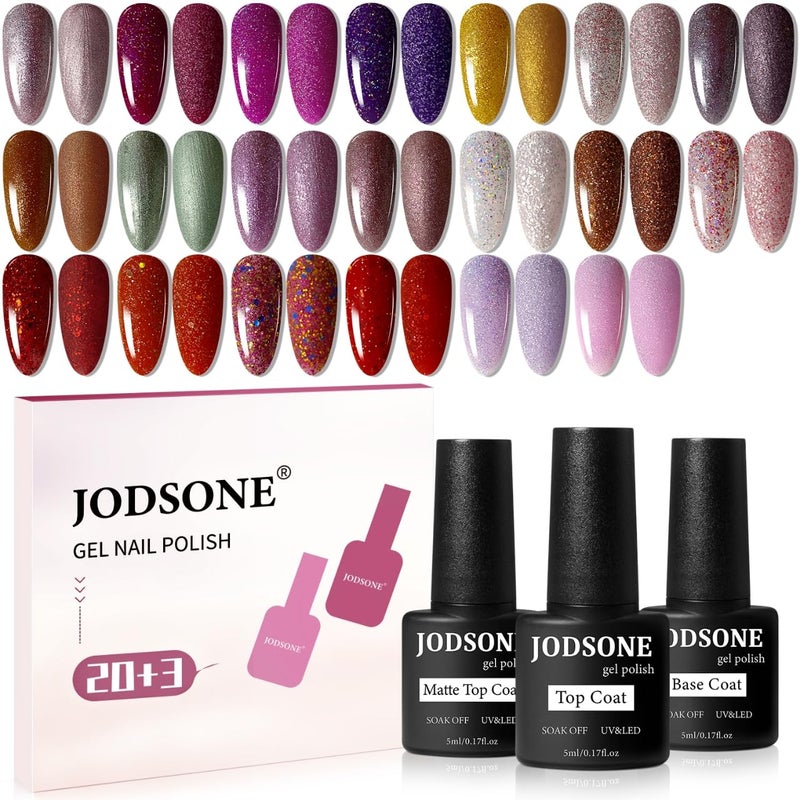 JODSONE 23 Bottles of Glitter Colorful and Elegant Gel Polish kit with 3 Bottles of Matte and Glossy Top Coat Base Coat Gel Nail Set - Image 1