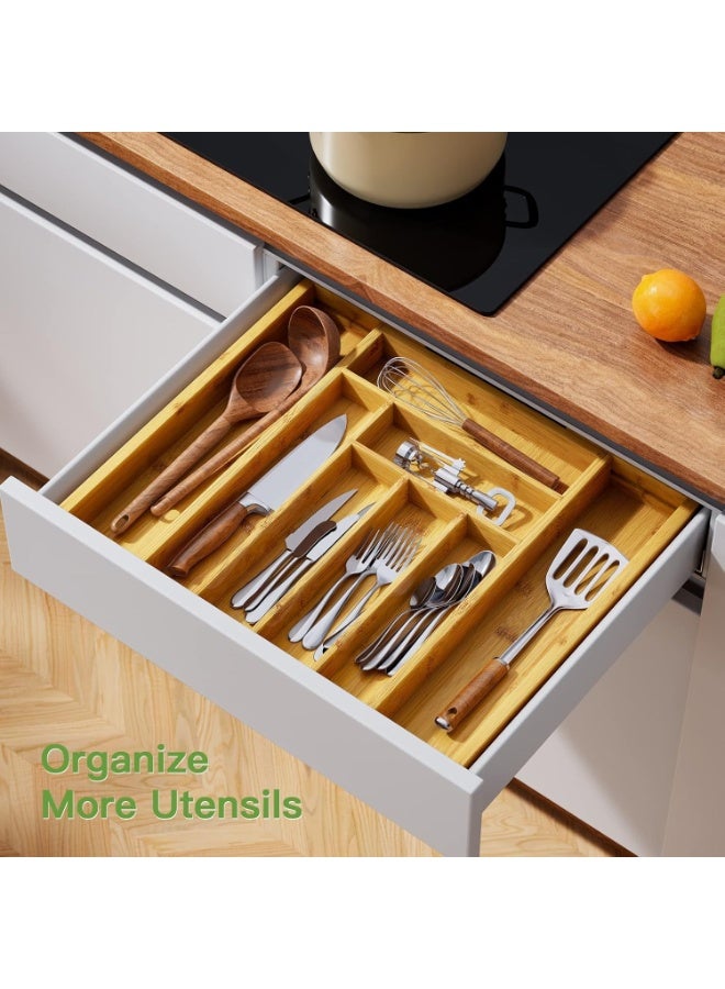 هابي هوم منظم أدراج قابل للتوسيع من الخيزران الطبيعي – حامل أدوات المطبخ بـ8 إلى 9 أقسام قابلة للتعديل لتخزين أدوات المائدة والسكاكين والملاعق، صينية فواصل أدراج خشبية متعددة الاستخدام للمطبخ وغرفة النوم وغرفة المعيشة، تصميم أنيق متين وسهل التنظيف - Image 2